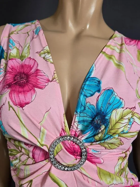 Y2K V Neck Top Pink Floral Round Rhinestone Buckle Size M Sleeveless Fitted - Picture 3 of 7